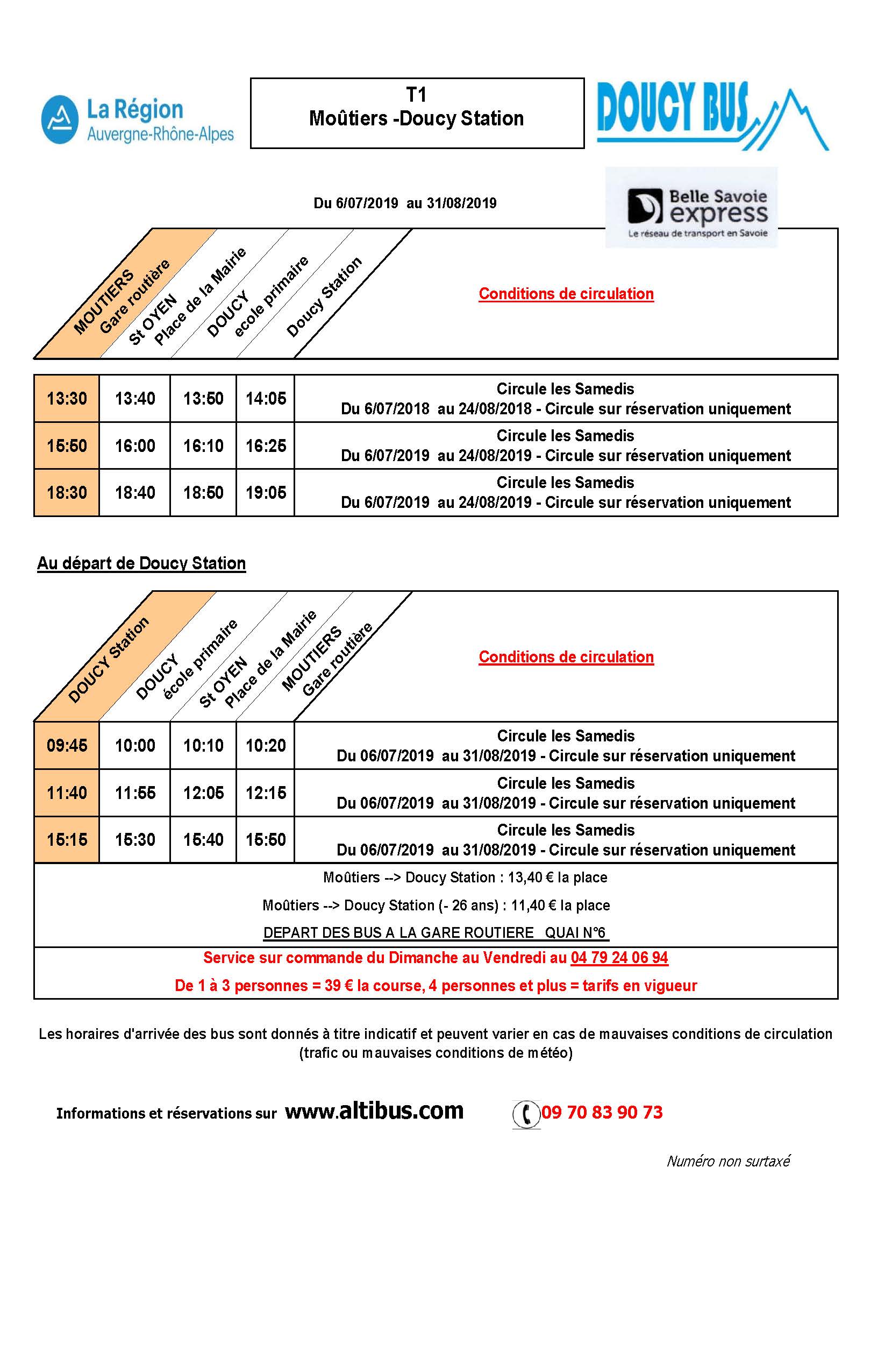 Horaires des navettes entre Moutiers et Doucy Station pour l'&eacute;t&eacute; 2019